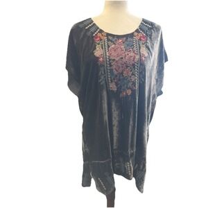 Johnny Was JWLA Velvet Tunic Top Silk Gray Boho Embroidered Floral Large FLAW